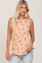 Peach Floral Ribbed Sleeveless Maternity Top