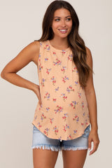 Peach Floral Ribbed Sleeveless Maternity Top