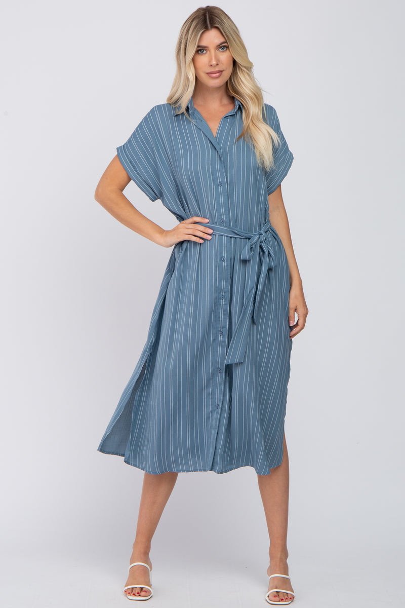 Navy Striped Button Down Waist Tie Midi Dress – PinkBlush