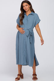 Navy Striped Button Down Waist Tie Maternity Midi Dress