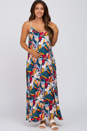 Teal Multi-Color Printed Sleeveless Maternity Maxi Dress