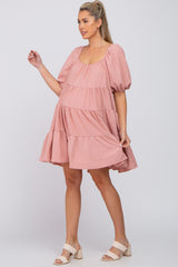 Pink Textured Dot Ruffle Tiered Maternity Dress