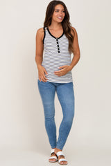 Black Striped Ribbed Button Front Maternity Tank Top