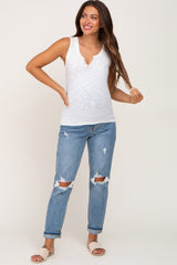 White Ribbed Split Neck Maternity Tank Top