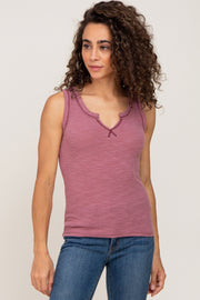 Mauve Ribbed Split Neck Tank Top