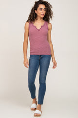 Mauve Ribbed Split Neck Tank Top