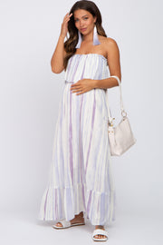 Lavender Striped Flounce Strapless Maternity Maxi Dress