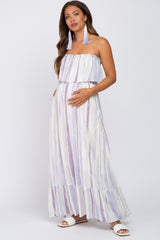 Lavender Striped Flounce Strapless Maternity Maxi Dress