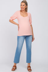 Pink Square Neck Ribbed Maternity Top