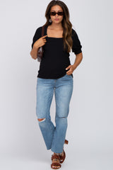 Black Square Neck Ribbed Maternity Top