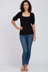 Black Square Neck Ribbed Top