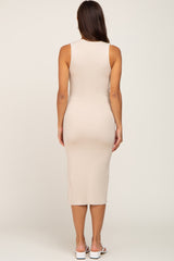 Beige Ribbed Knit Button Accent Maternity Midi Dress