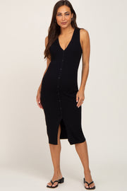 Black Ribbed Knit Button Accent Maternity Midi Dress