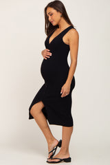 Black Ribbed Knit Button Accent Maternity Midi Dress