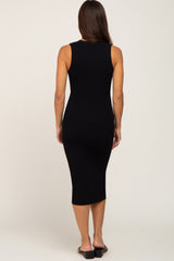 Black Ribbed Knit Button Accent Maternity Midi Dress