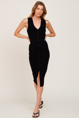 Black Ribbed Knit Button Accent Maternity Midi Dress