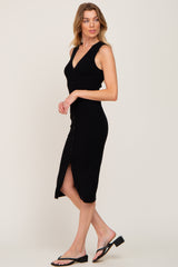 Black Ribbed Knit Button Accent Midi Dress