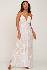 Ivory Lace Overlay Deep V-Neck Maternity Maxi Dress