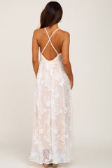 Ivory Lace Overlay Deep V-Neck Maxi Dress