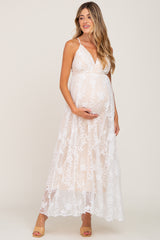 Ivory Lace Overlay Deep V-Neck Maternity Maxi Dress