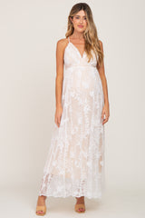 Ivory Lace Overlay Deep V-Neck Maternity Maxi Dress