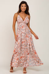 Peach Paisley Deep V-Neck Maternity Maxi Dress