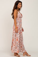 Peach Paisley Deep V-Neck Maxi Dress