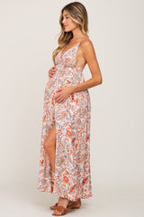 Peach Paisley Deep V-Neck Maternity Maxi Dress