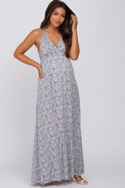 Blue Printed Sleeveless Maternity Maxi Dress