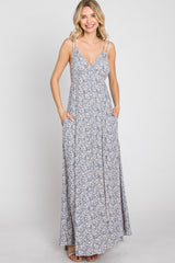 Blue Printed Sleeveless Maxi Dress