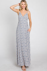 Blue Printed Sleeveless Maxi Dress