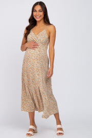 Grey Floral V-Neck Button Front Maternity Midi Dress