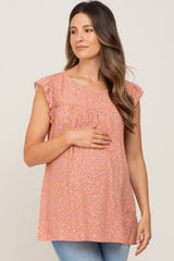 Peach Floral Ruffle Cap Sleeve Maternity Top