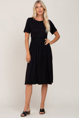 Black Short Sleeve Waist Tie Maternity Midi Dress