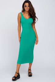 Green V-Neck Scoop Back Sleeveless Sweater Midi Dress