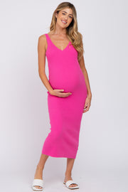 Fuchsia V-Neck Scoop Back Sleeveless Sweater Maternity Midi Dress