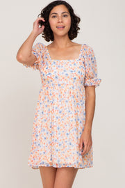 White Floral Chiffon Square Neck Puff Sleeve Dress