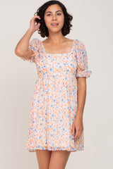 White Floral Chiffon Square Neck Puff Sleeve Maternity Dress