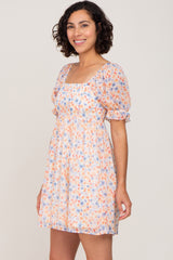 White Floral Chiffon Square Neck Puff Sleeve Dress