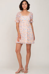 White Floral Chiffon Square Neck Puff Sleeve Dress