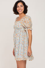 Blue Floral Chiffon Square Neck Puff Sleeve Dress