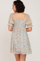 Blue Floral Chiffon Square Neck Puff Sleeve Dress