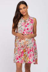 Pink Floral Sleeveless Tiered Maternity Dress