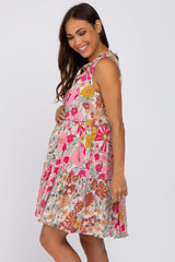 Pink Floral Sleeveless Tiered Maternity Dress