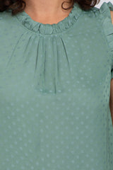 Mint Polka Dot Ruffle Trim Blouse