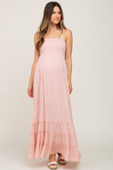 Light Pink Halter Smocked Maternity Maxi Dress