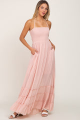 Light Pink Halter Smocked Maxi Dress