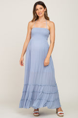 Light Blue Halter Smocked Maternity Maxi Dress