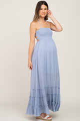 Light Blue Halter Smocked Maternity Maxi Dress