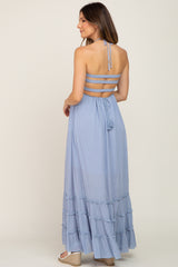 Light Blue Halter Smocked Maternity Maxi Dress